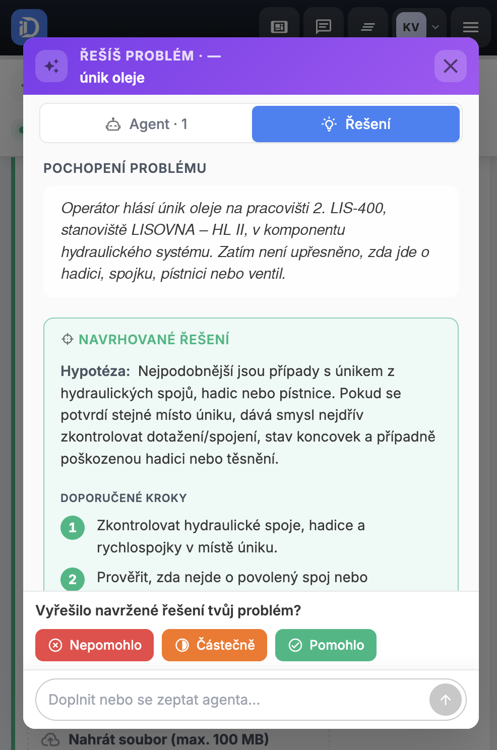 iDomino - Best Practices: navrhované řešení k hlášenému úniku oleje na lisu LIS-400