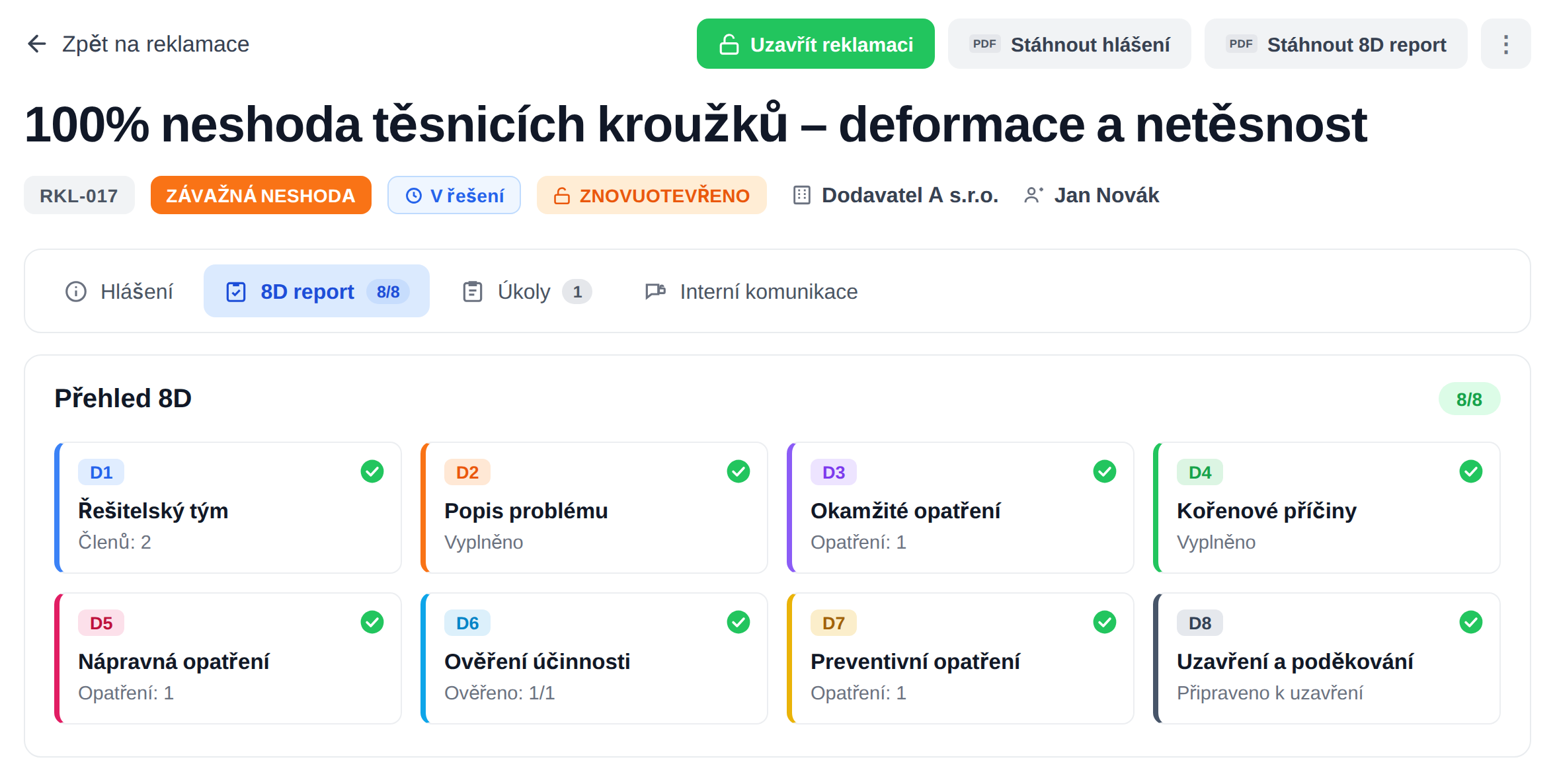 iDomino - detail reklamace s 8D reportem D1 až D8