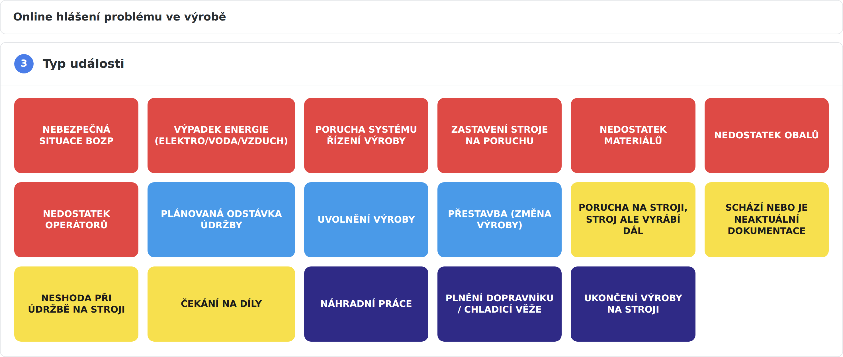 iDomino - online hlášení problému ve výrobě na dotykovém terminálu: dlaždice typů události barevně rozlišené podle dopadu, od nebezpečné situace BOZP a poruchy stroje po nedostatek materiálu, přestavbu nebo plánovanou odstávku údržby
